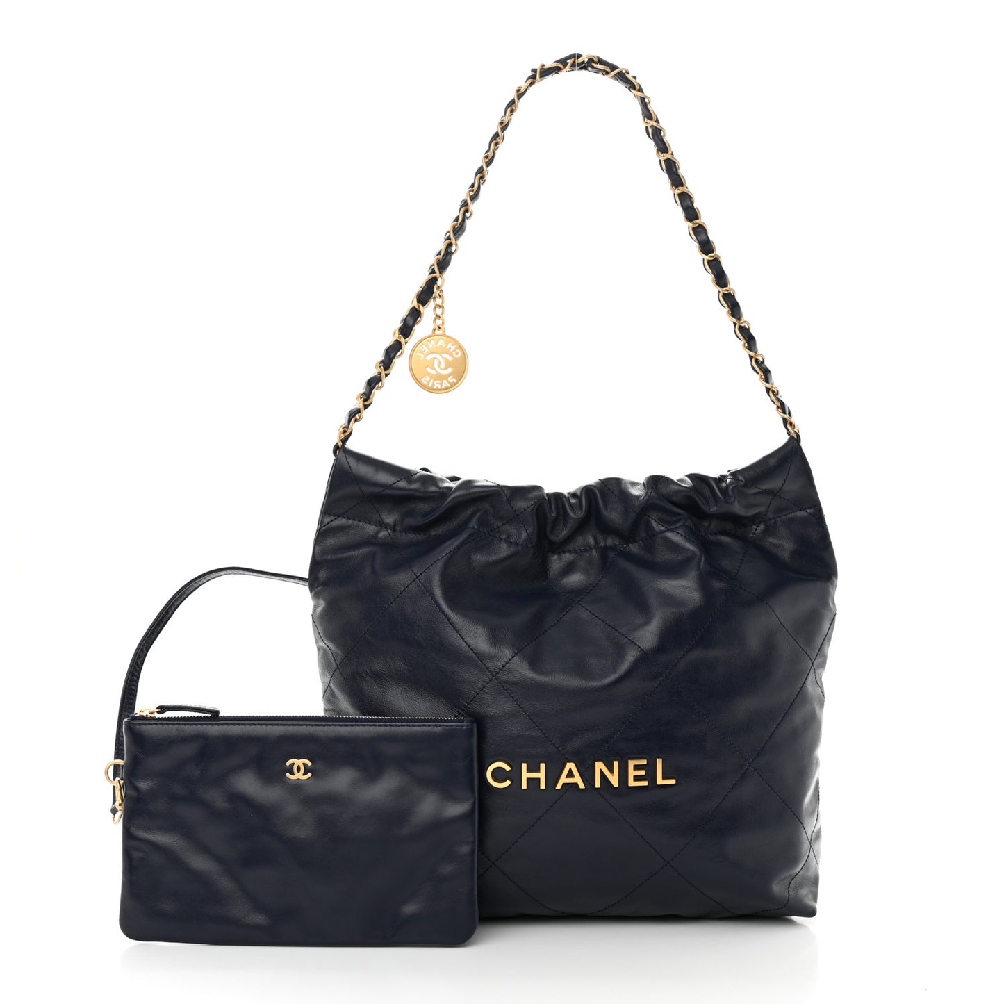 Shiny Calfskin Quilted Small Chanel 22 Navy