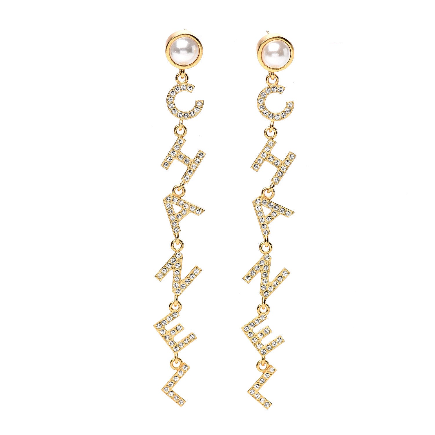 Chanel Crystal Pearl 90’s Icon Drop Letter Earrings Gold 1 of 5