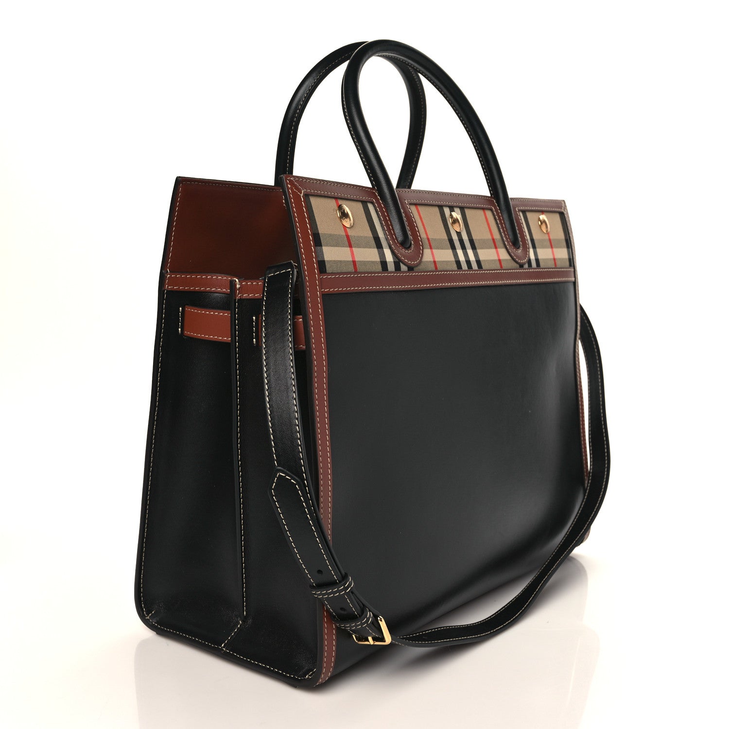 Burberry Calfskin Vintage Check Medium Two Handle Title Bag Black 3 of 8