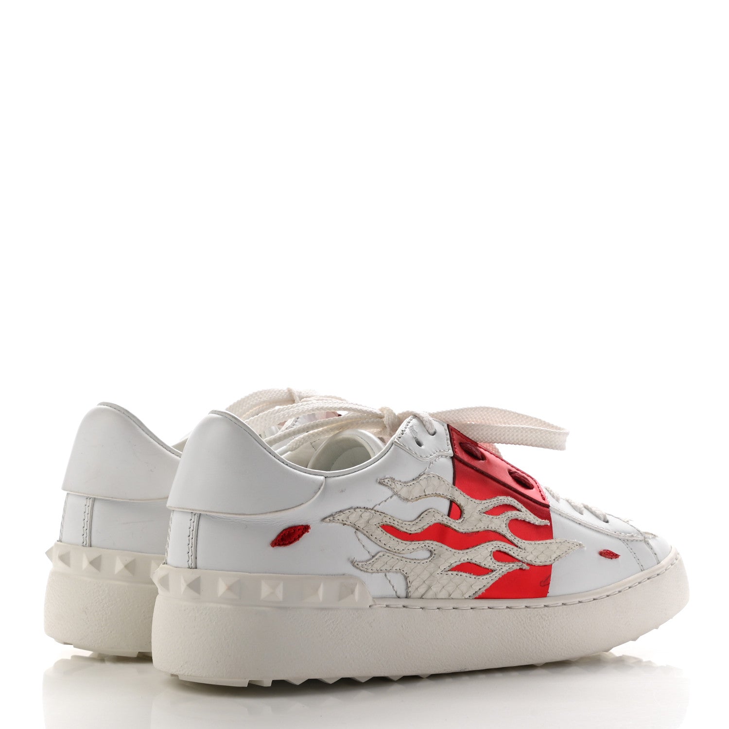 Valentino Garavani Metallic Calfskin Flames Womens Rockstud Open Sneakers 37 White Red 4 of 8