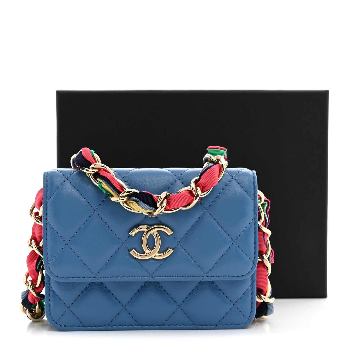 Shiny Lambskin Ribbon Quilted Flap Belt Bag Blue