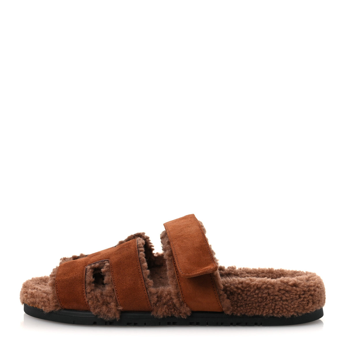 Hermes Suede Goatskin Shearling Womens Chypre Sandals 40 Gold 1 of 10