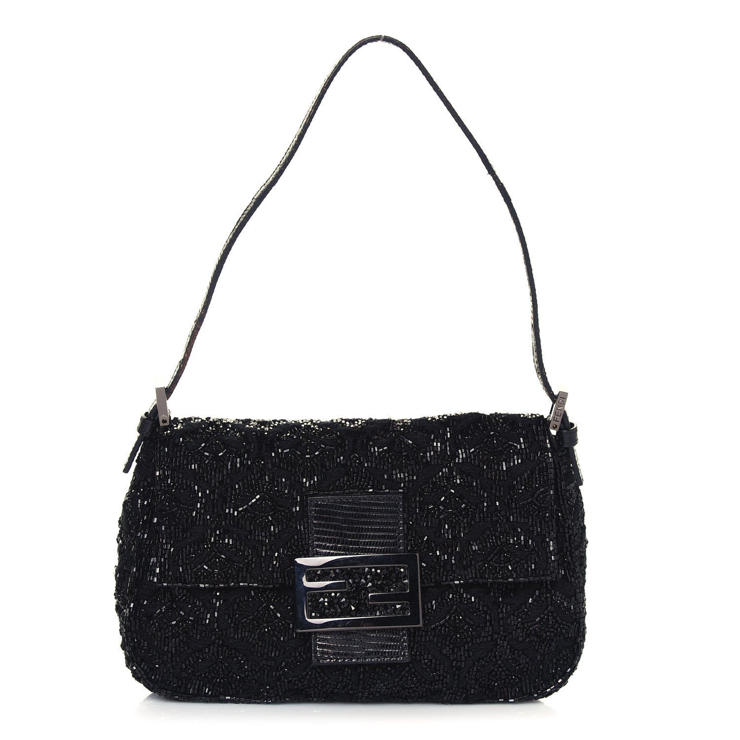 Lizard Beaded Mini Mama Baguette Black