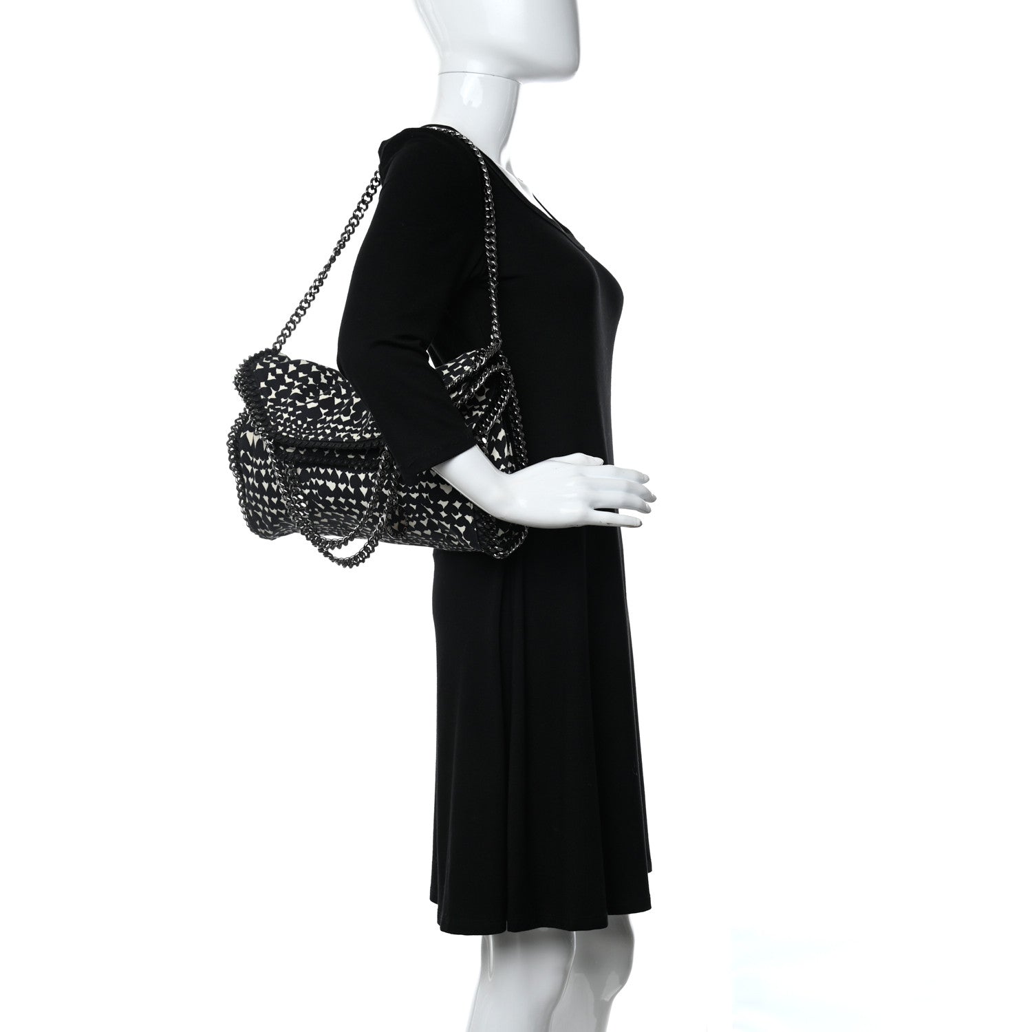 Stella McCartney Cotton Canvas Hearts Falabella Fold Over Tote Black White 2 of 9
