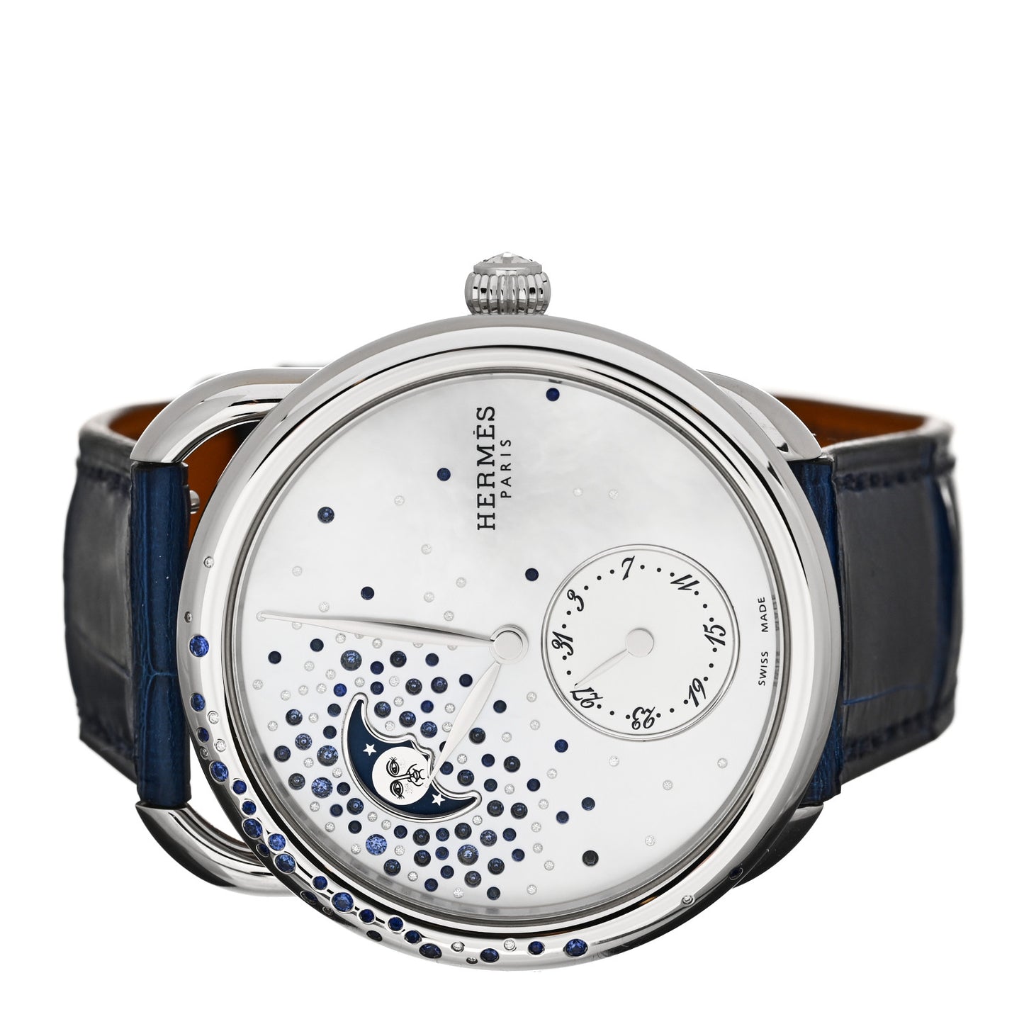 Stainless Steel Alligator Diamond Blue Sapphire Mother of Pearl 38mm Arceau Petite Lune Automatic Watch Bleu Saphir