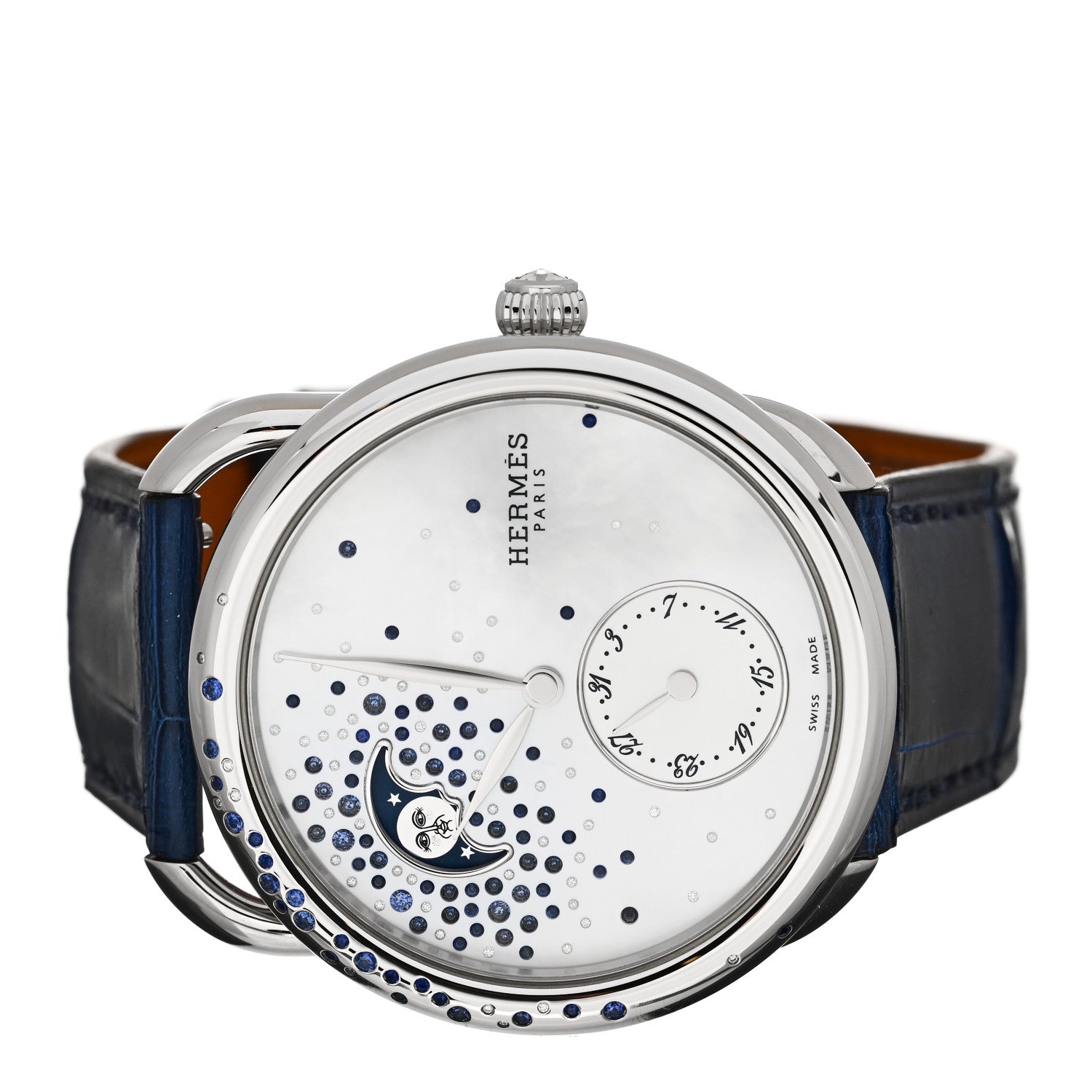 Hermes Stainless Steel Alligator Diamond Blue Sapphire Mother of Pearl 38mm Arceau Petite Lune Automatic Watch Bleu Saphir 2 of 7