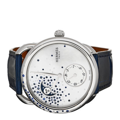 Hermes Stainless Steel Alligator Diamond Blue Sapphire Mother of Pearl 38mm Arceau Petite Lune Automatic Watch Bleu Saphir 2 of 7