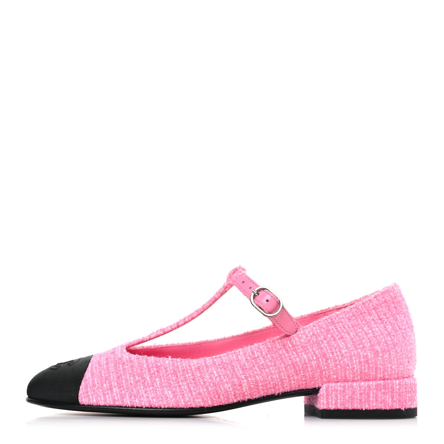 Tweed Grosgrain Cap Toe T Strap CC Flats 35.5 Pink Black