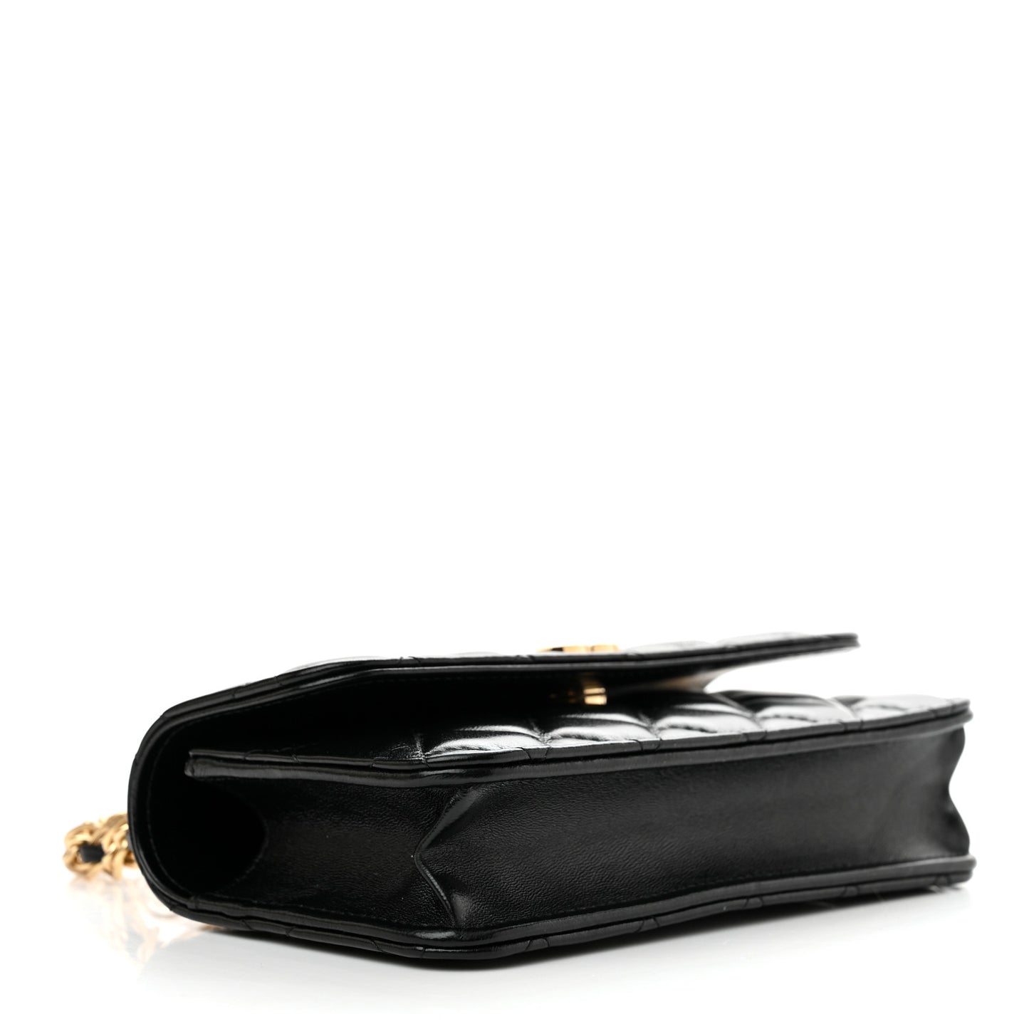 Shiny Lambskin Quilted Golden Links Top Handle Phone Holder With Chain Black