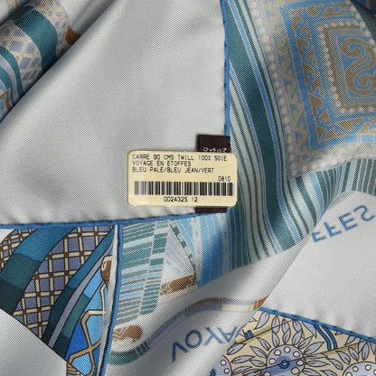 Hermes Silk Voyage En Etoffes Scarf 90 Bleu Pale Blue Jean Vert 5 of 5