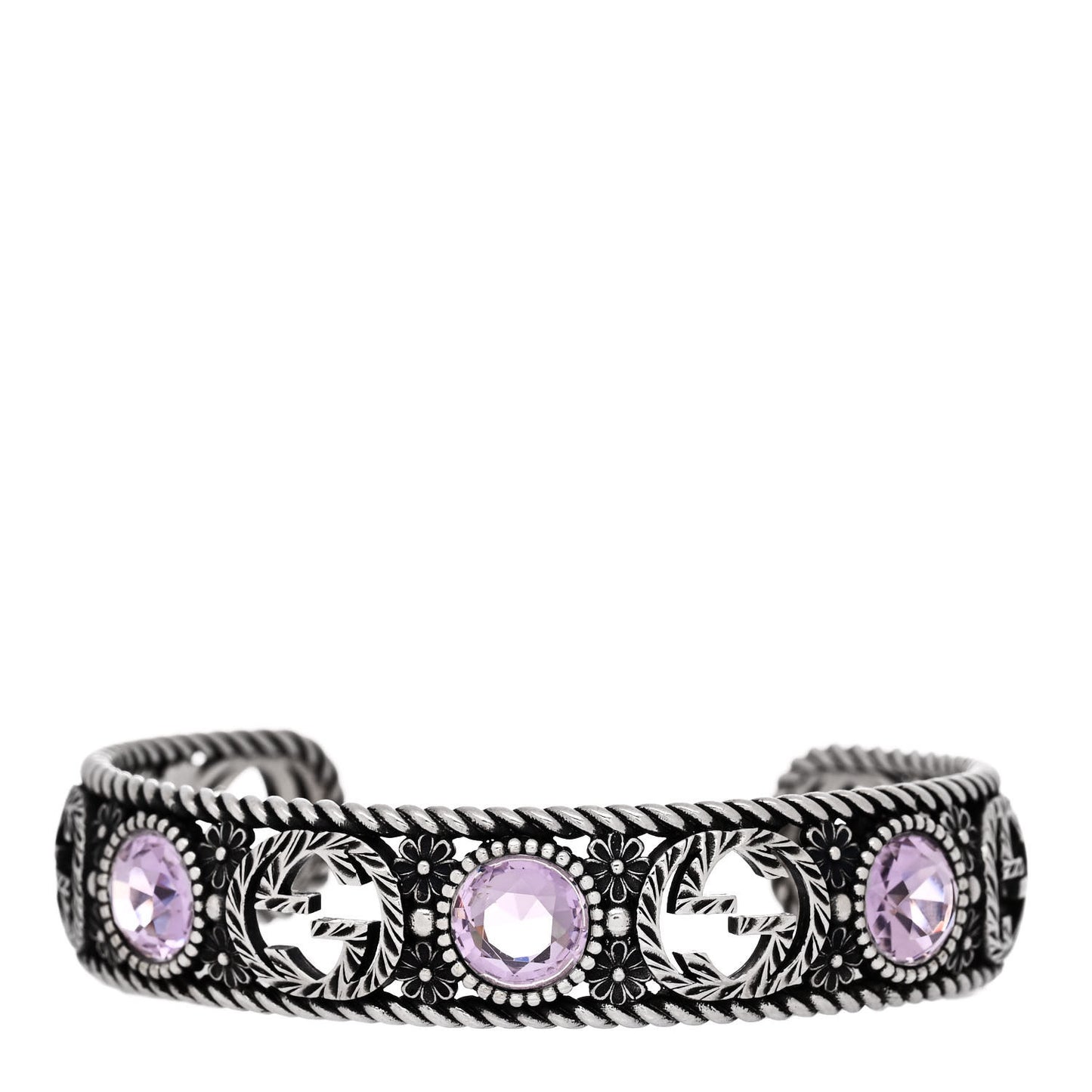 Sterling Silver Crystal Garden Interlocking G Cuff Bracelet Purple