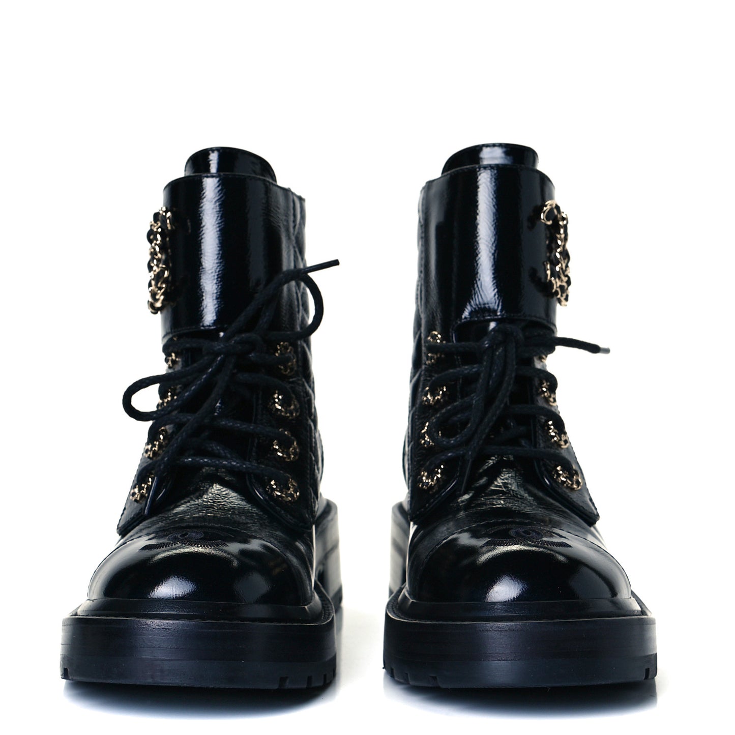 Shiny Calfskin Quilted Lace Up Combat Boots 36 Black