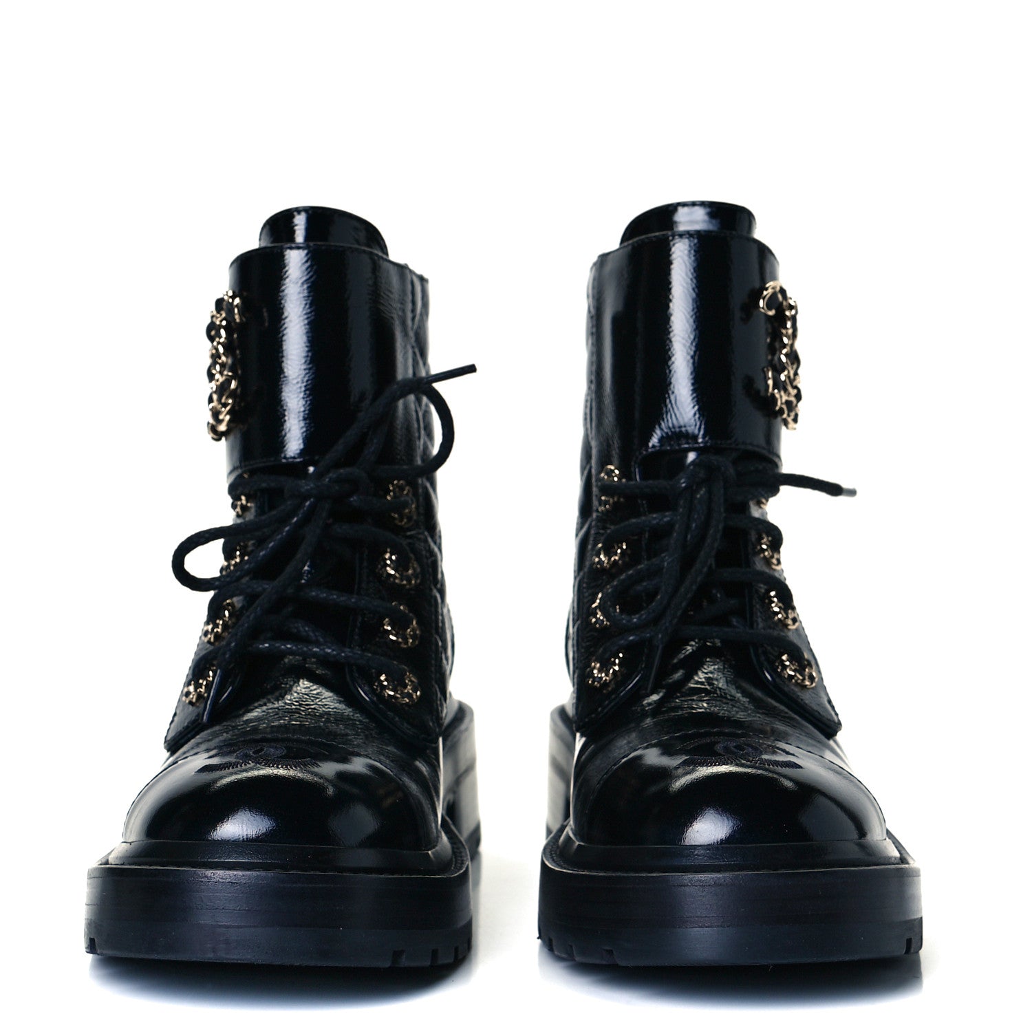 Chanel Shiny Calfskin Quilted Lace Up Combat Boots 36 Black 3 of 7