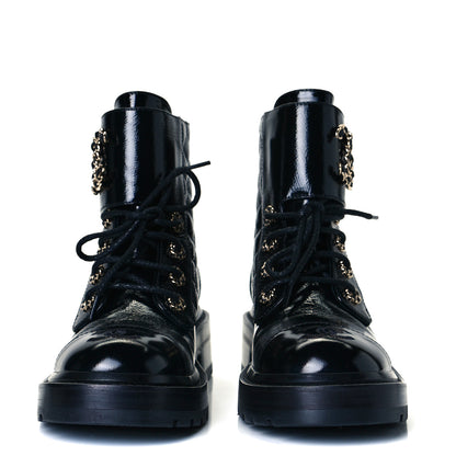 Chanel Shiny Calfskin Quilted Lace Up Combat Boots 36 Black 3 of 7