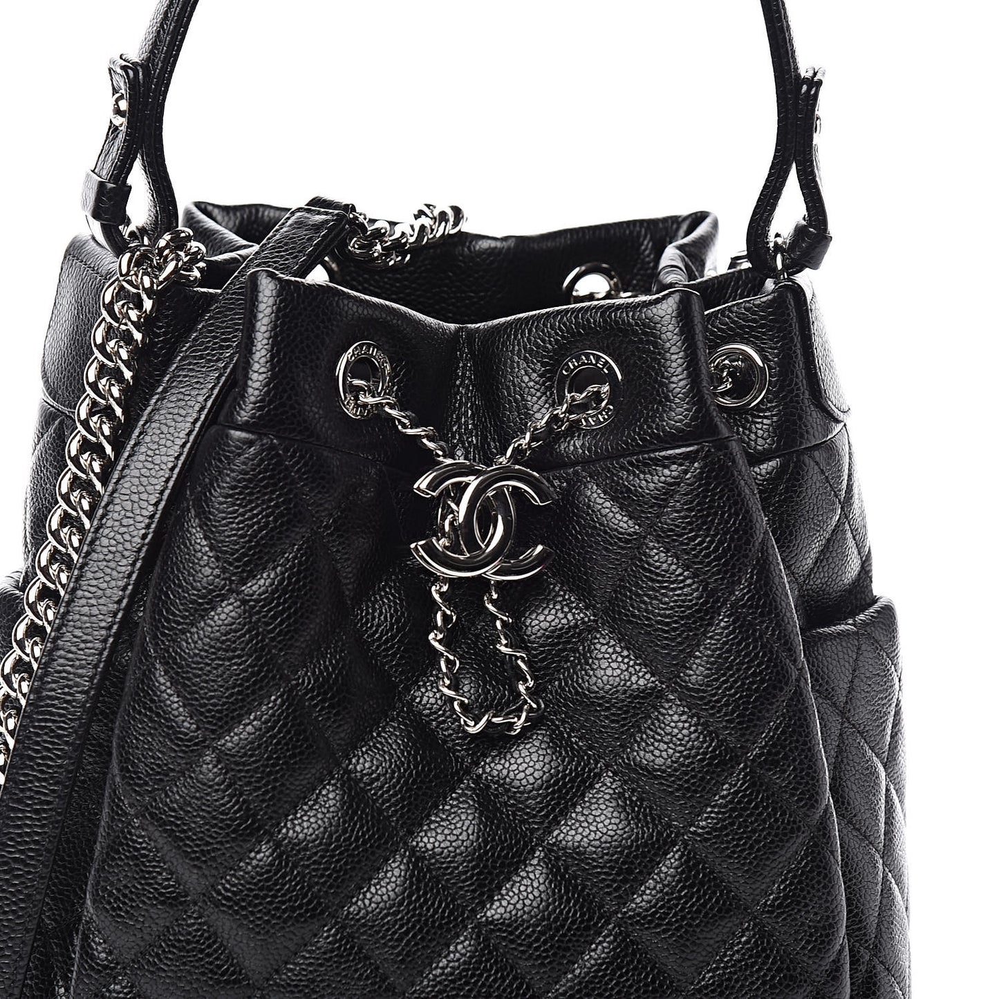 Grained Calfskin Quilted CC Chain Bucket Drawstring Bag Black