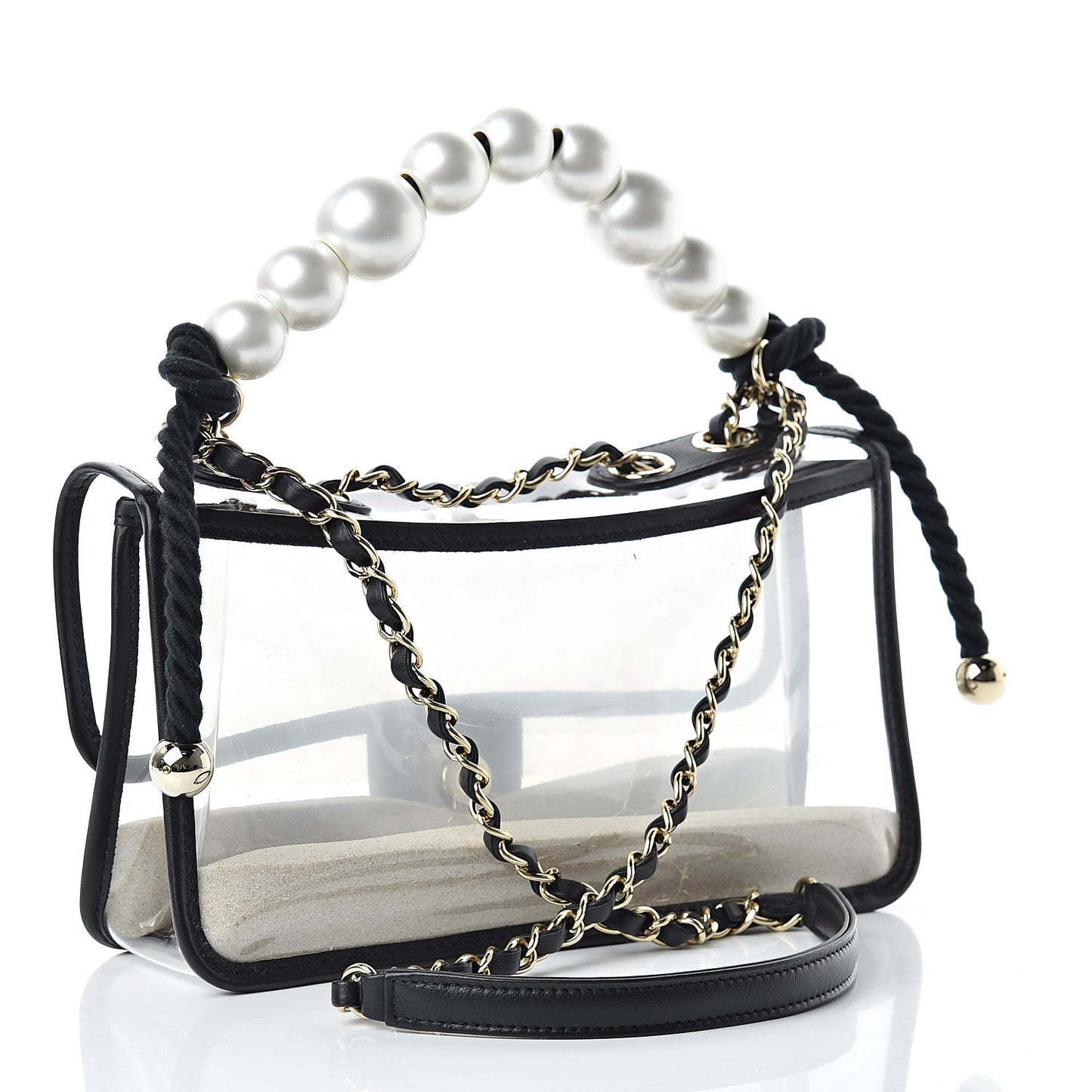 Lambskin PVC Sand By The Sea Flap With Pearl Strap Black