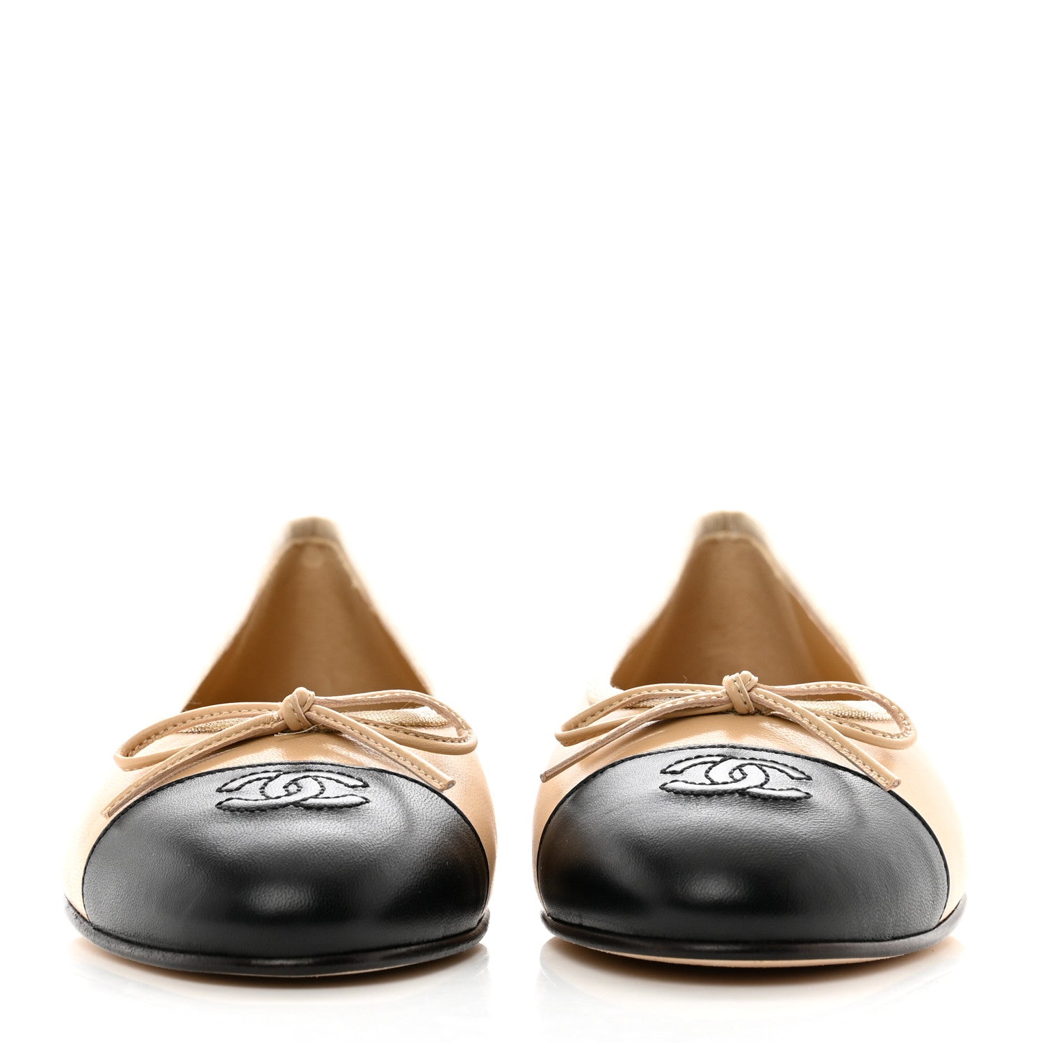 Chanel Lambskin Cap Toe CC Ballerina Flats 38.5 Beige Black 2 of 7