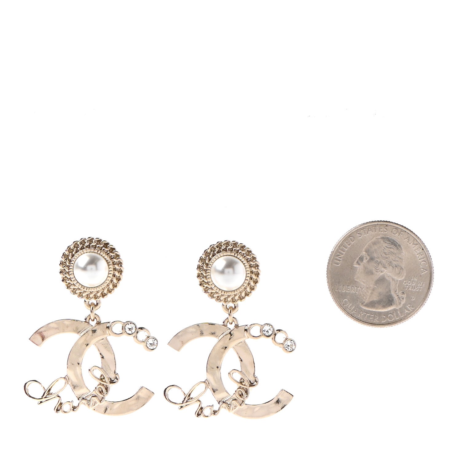 Chanel Metal Pearl Crystal Coco Script CC Drop Earrings Gold 2 of 4