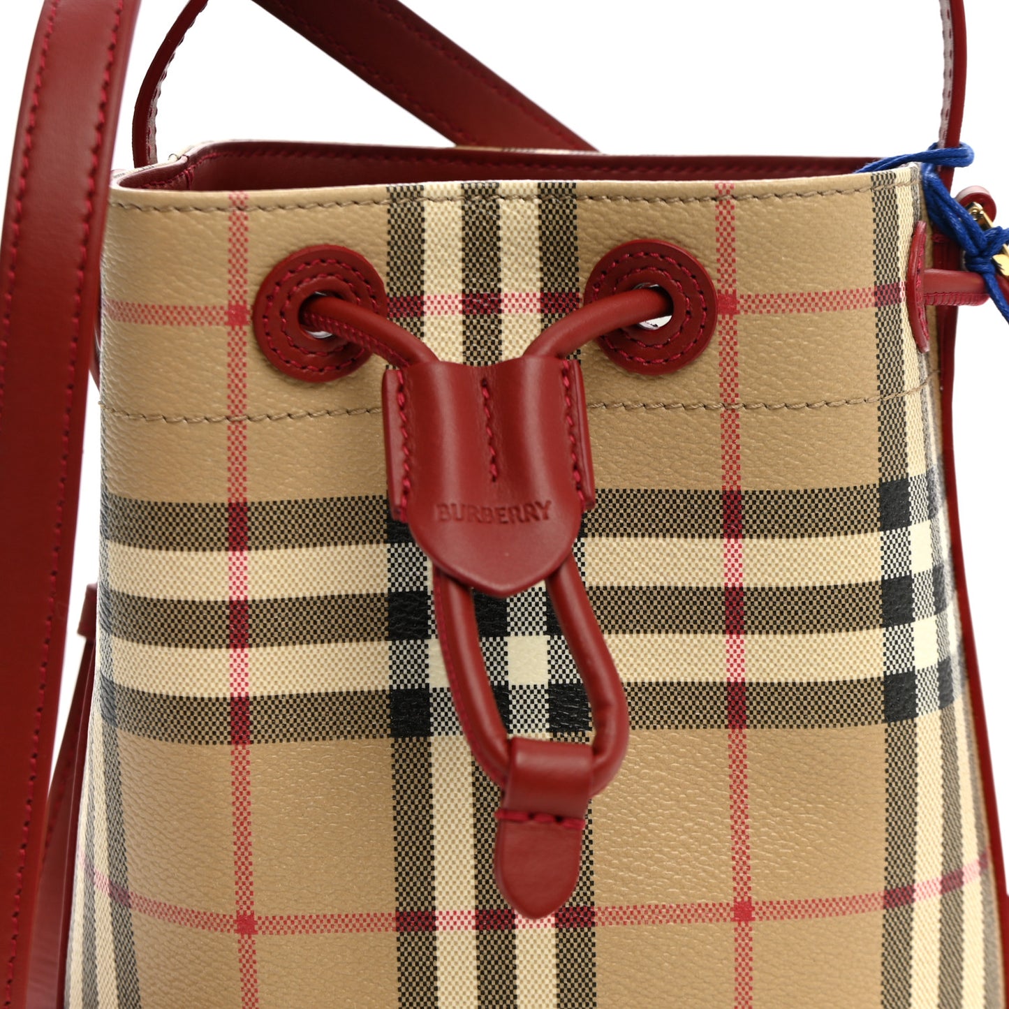 E-Canvas Vintage Check Mini Drawstring Bucket Bag Archive Beige Ruby Red