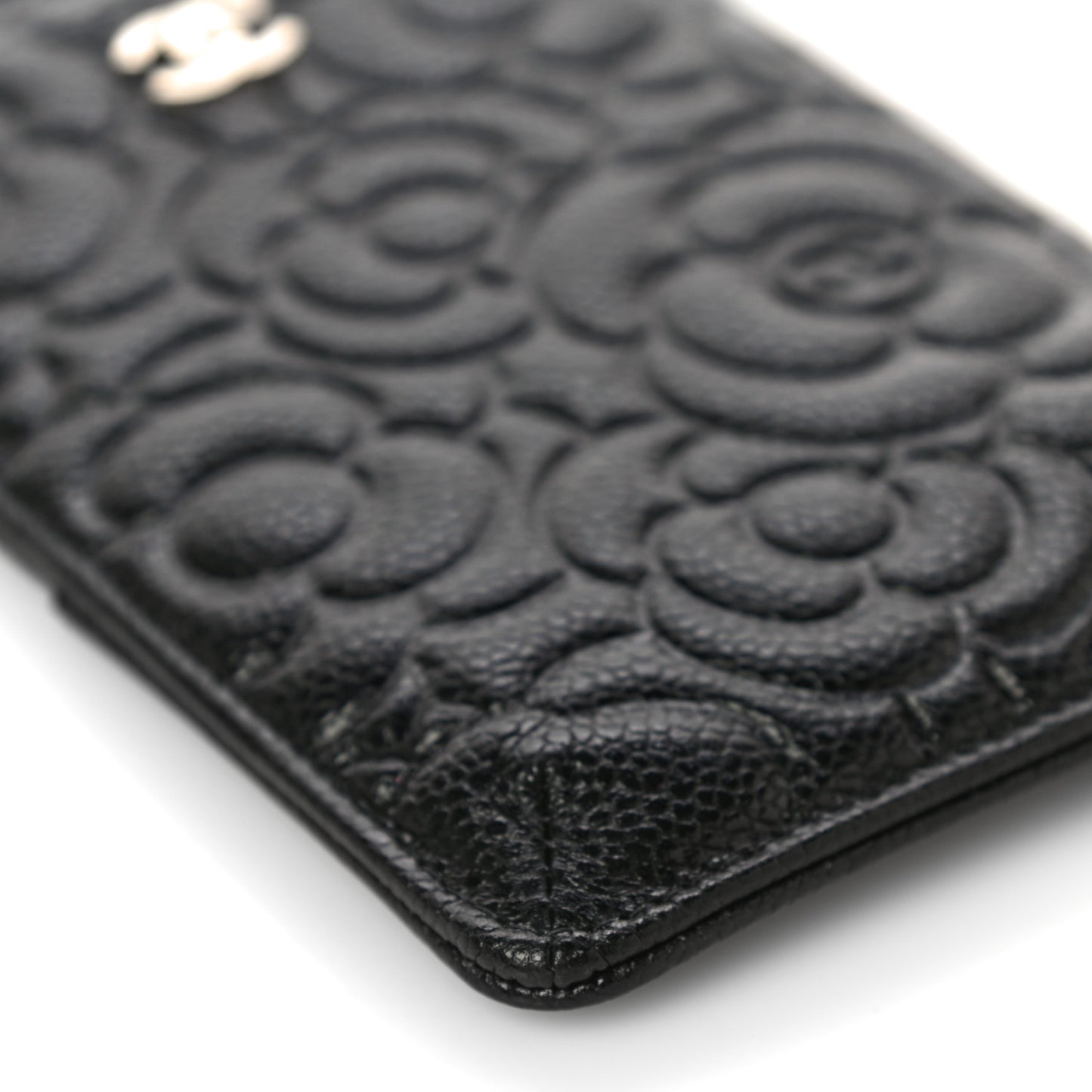 Caviar Camellia Embossed Classic Flat Wallet Pouch Black