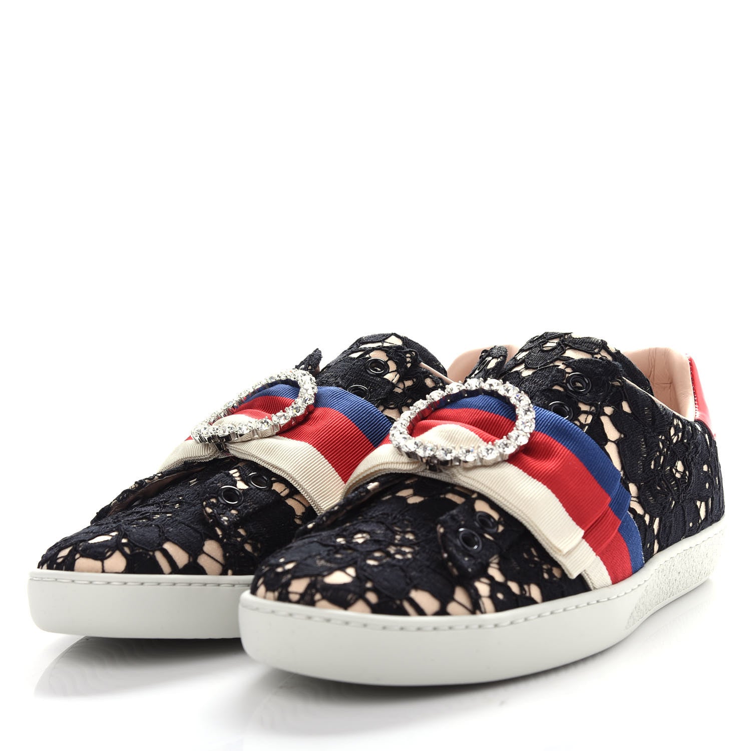 Gucci Lace Crystal Sylvie Web Flower Leaf Womens Ace Sneakers 35.5 Black Tan Beige 3 of 11