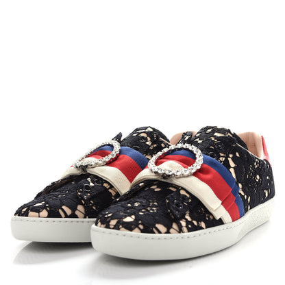 Gucci Lace Crystal Sylvie Web Flower Leaf Womens Ace Sneakers 35.5 Black Tan Beige 3 of 11