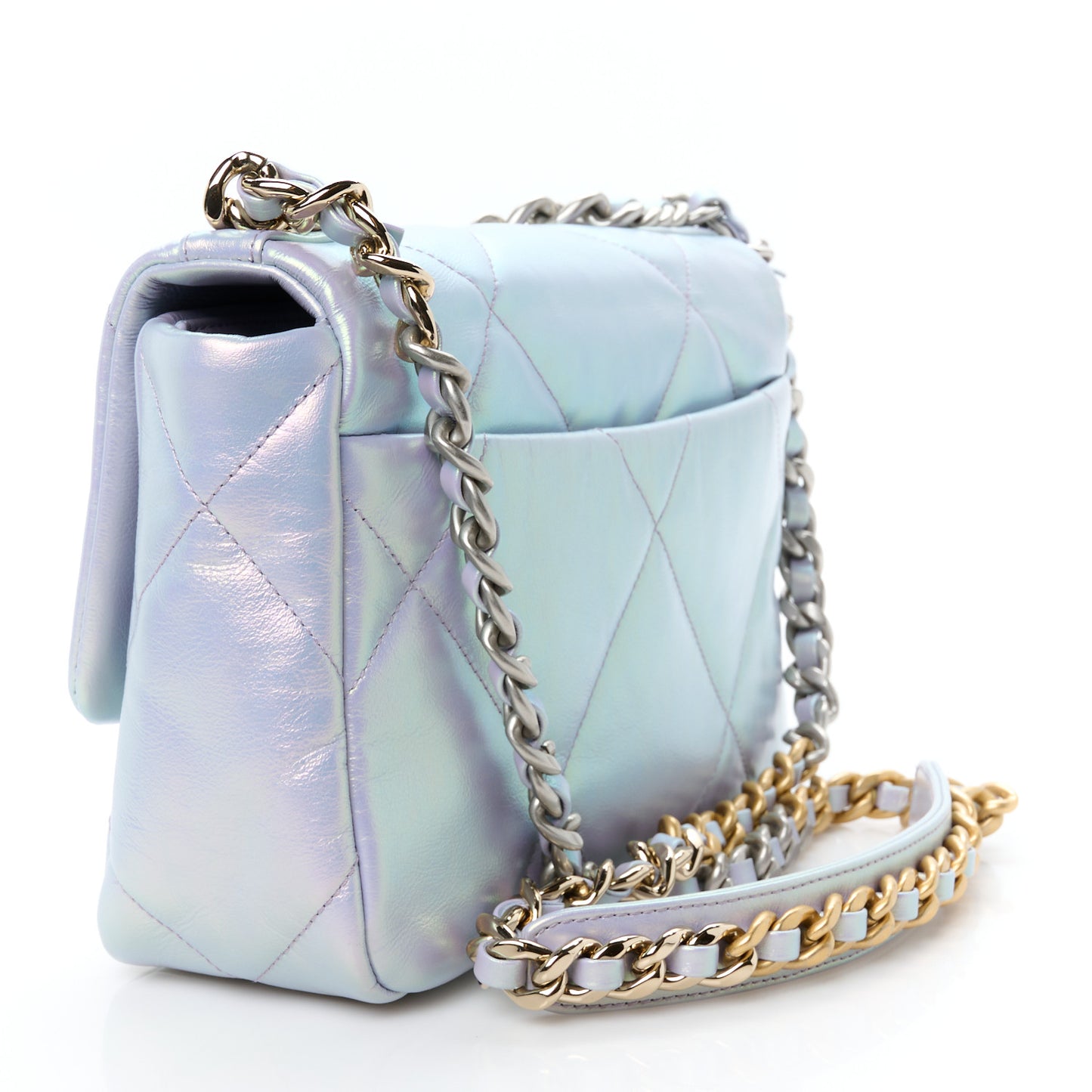 Iridescent Calfskin Quilted Medium Chanel 19 Flap Light Purple Blue