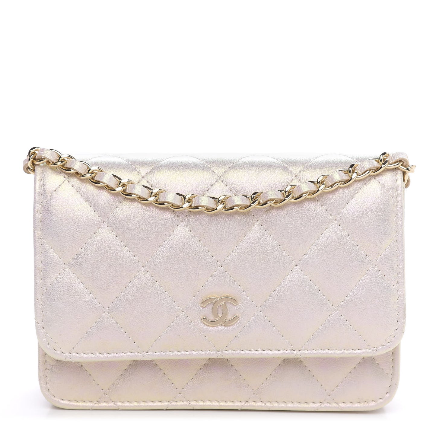 Iridescent Lambskin Quilted Mini Wallet On Chain WOC Ivory