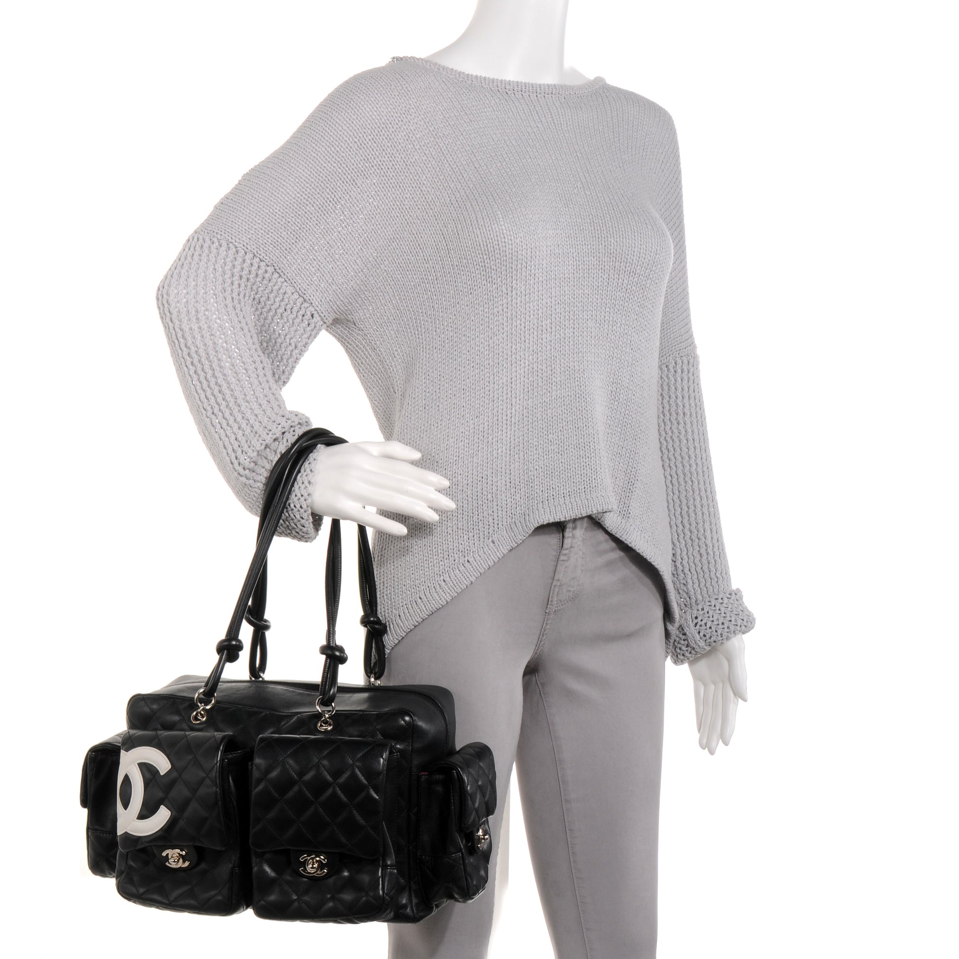 Chanel Calfskin Quilted Large Cambon Multipocket Reporter Black White 2 of 8