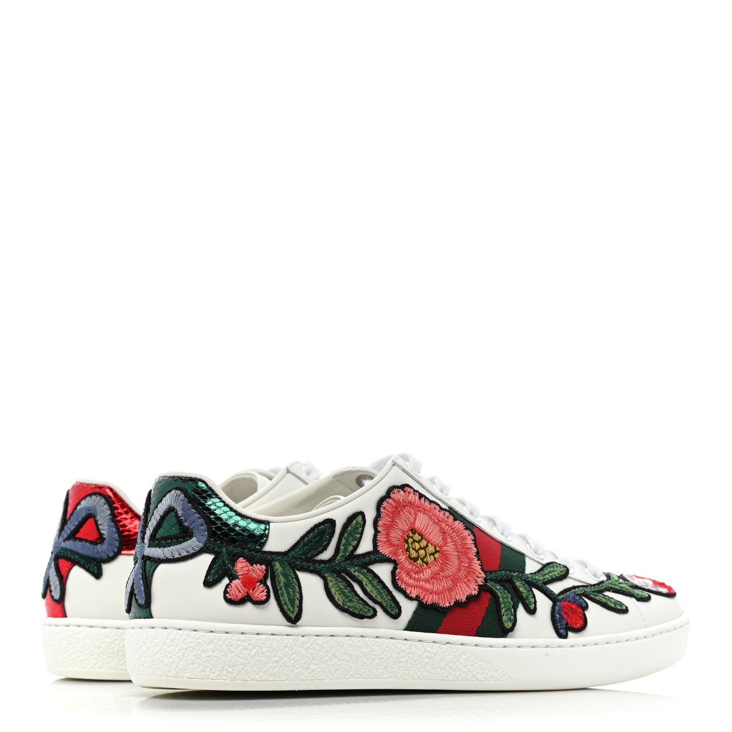 Calfskin Web Floral Embroidered Womens Ace Sneakers 37 White