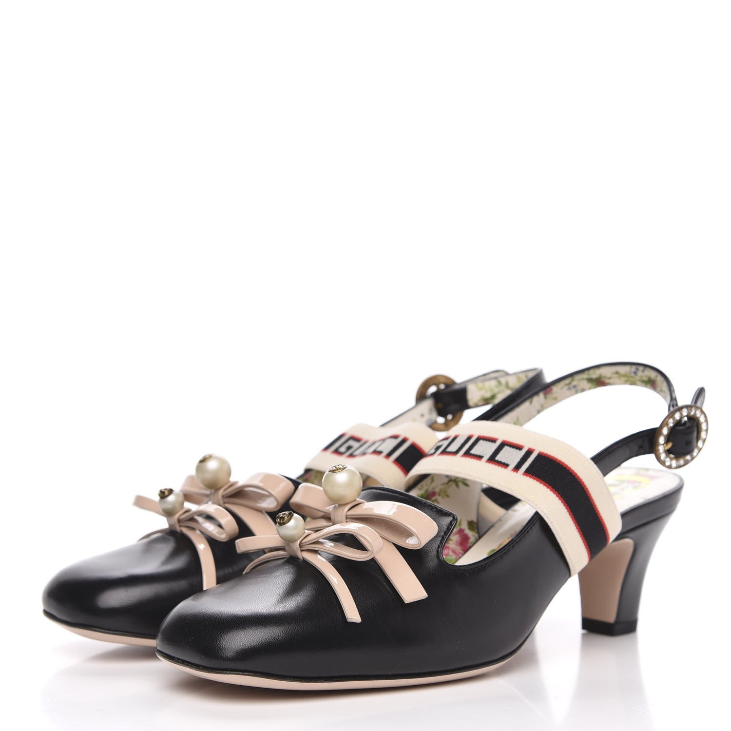 Gucci Malaga Kid Bow Ace Stripe Mid Heel Slingback Pumps 36.5 Black 3 of 9