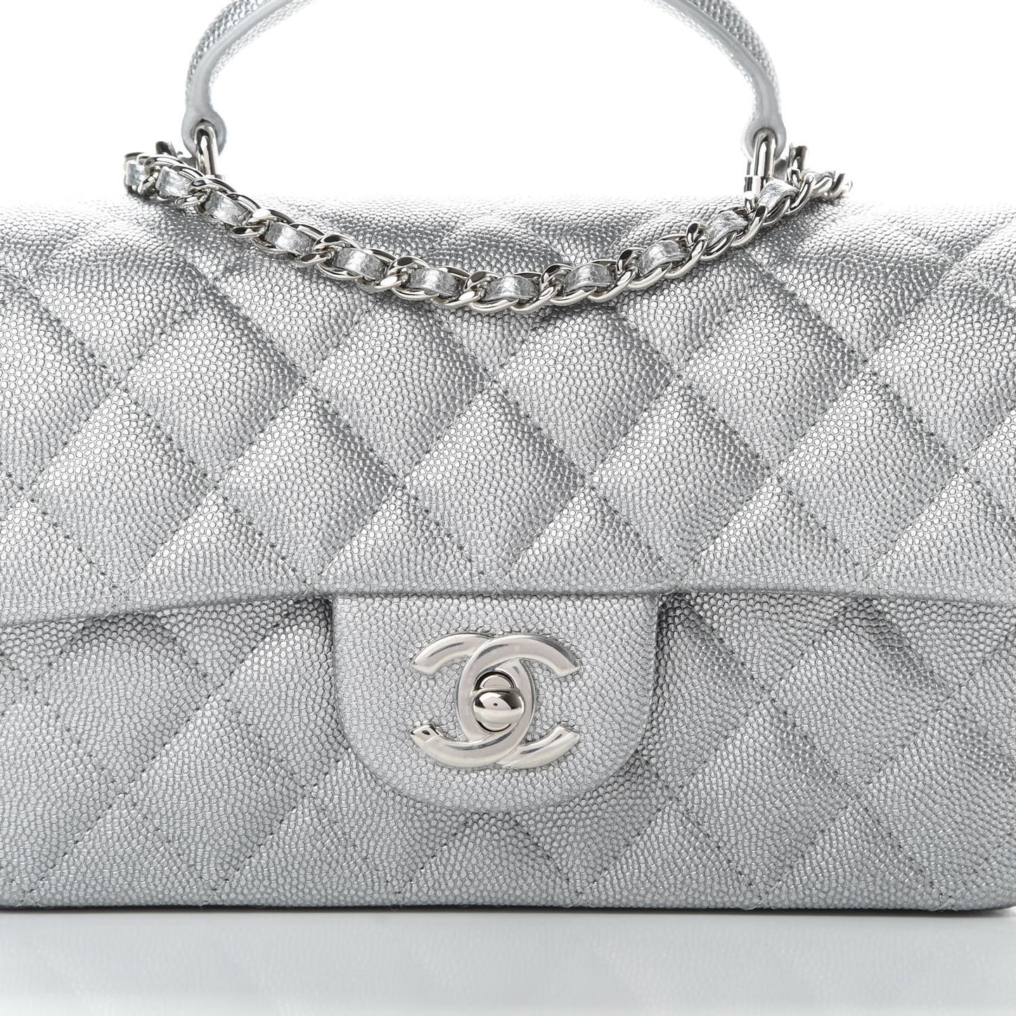Metallic Caviar Quilted Mini Top Handle Rectangular Flap Silver