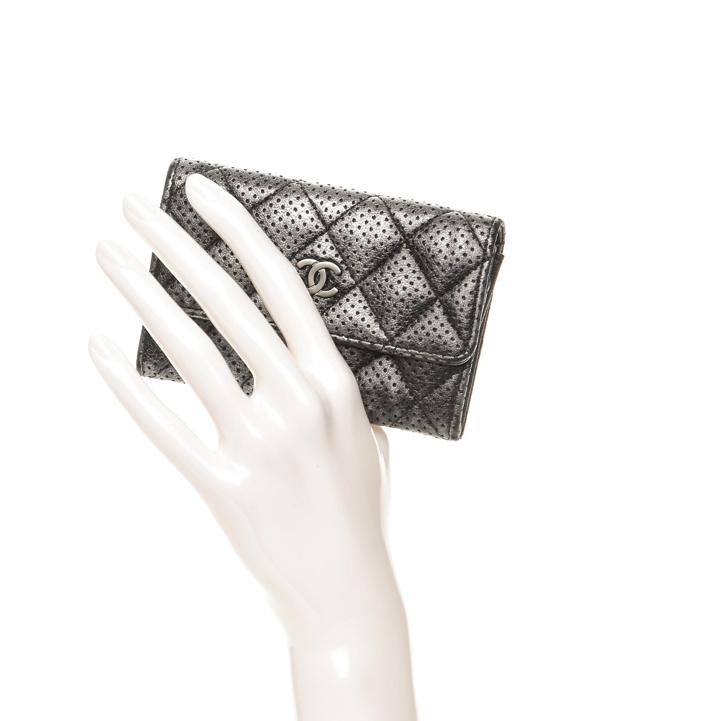 Metallic Calfskin Perforated Quilted Card Holder Grey