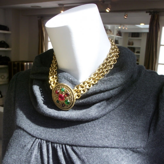 Chanel Gold Vintage Jeweled Medallion Necklace & Earrings Set 2 of 7