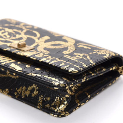 Chanel Calfskin Crocodile Embossed Graffiti 2.55 Cocodile Reissue Wallet On Chain WOC Black Gold 7 of 12