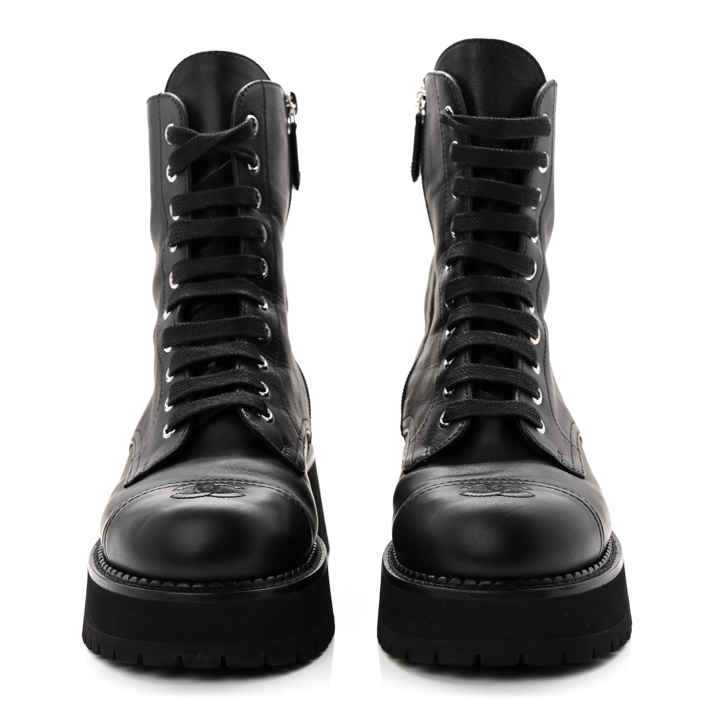 Calfskin Cap Toe Lace Up Combat Boots 39 Black