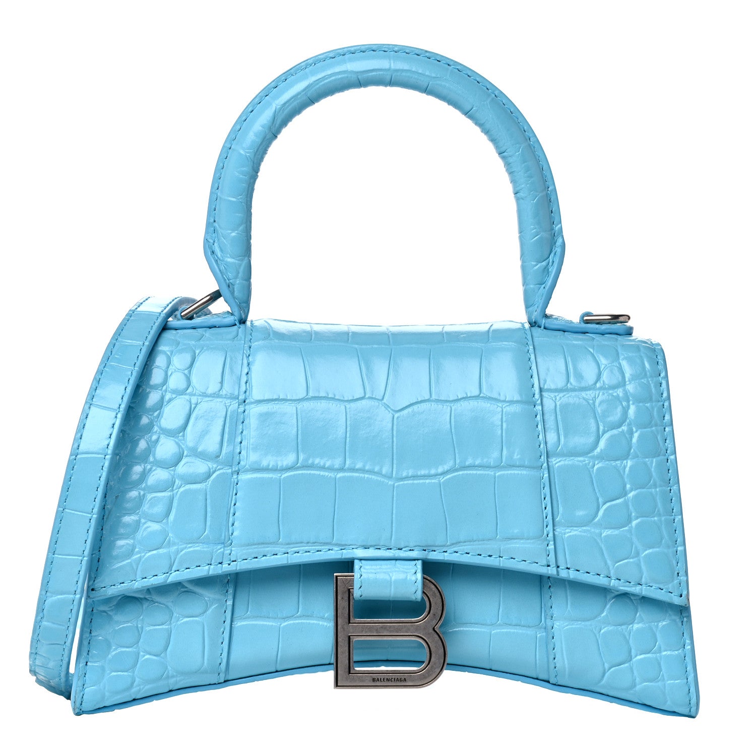 Balenciaga Shiny Calfskin Crocodile Embossed Hourglass Top Handle Bag XS Azur 1 of 15