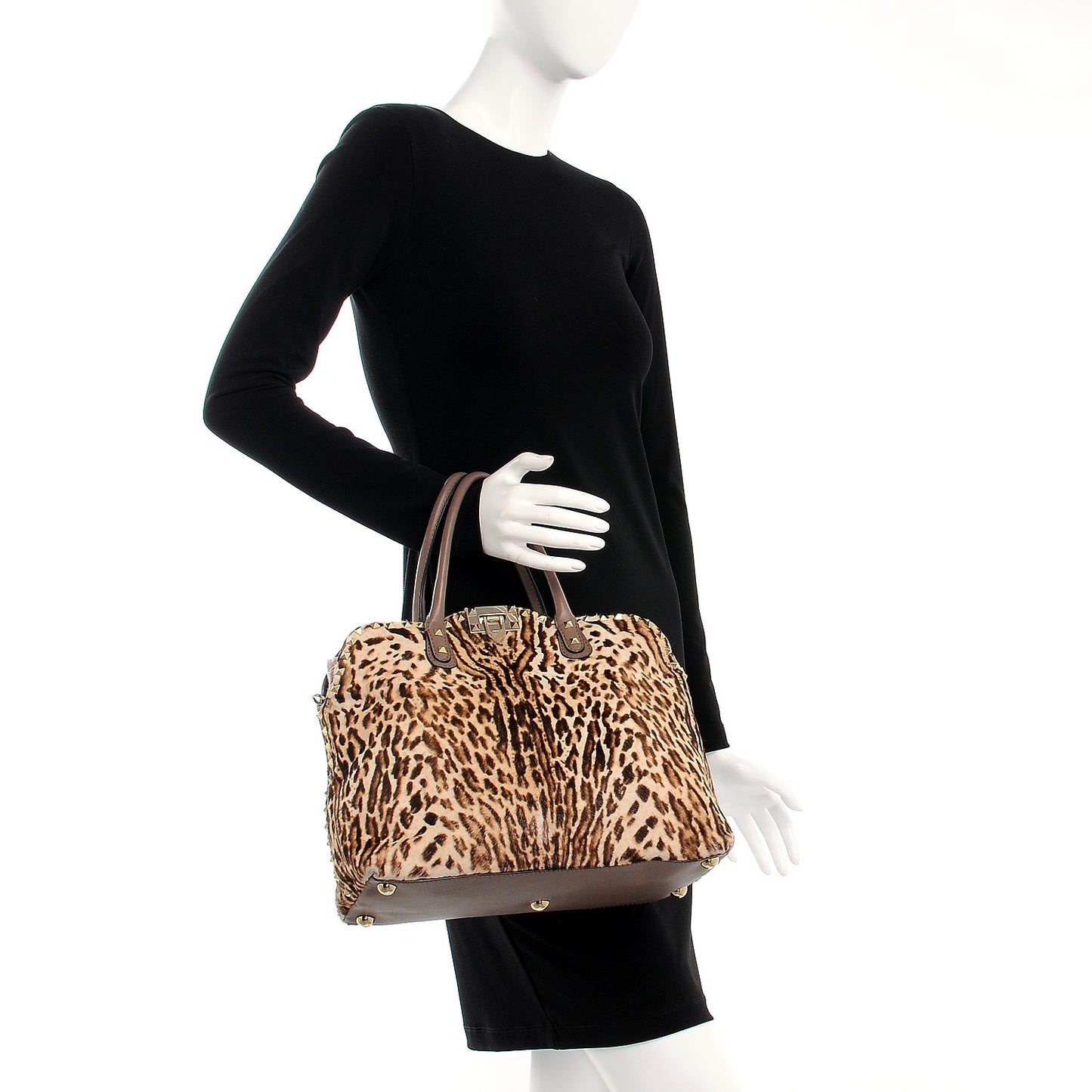 Calf Hair Cavallino Animal Rockstud Dome Satchel Leopard