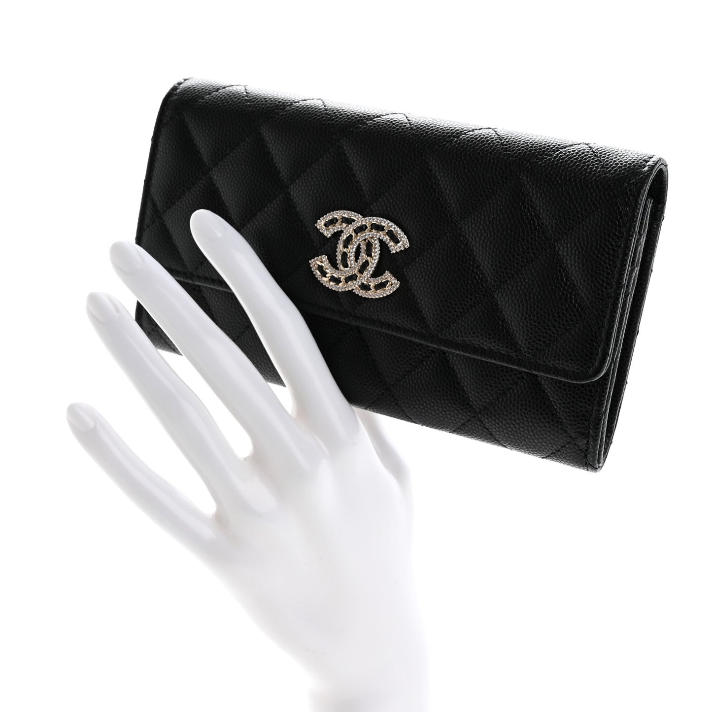 Caviar Quilted Crystal CC Large Gusset Flap Wallet Black