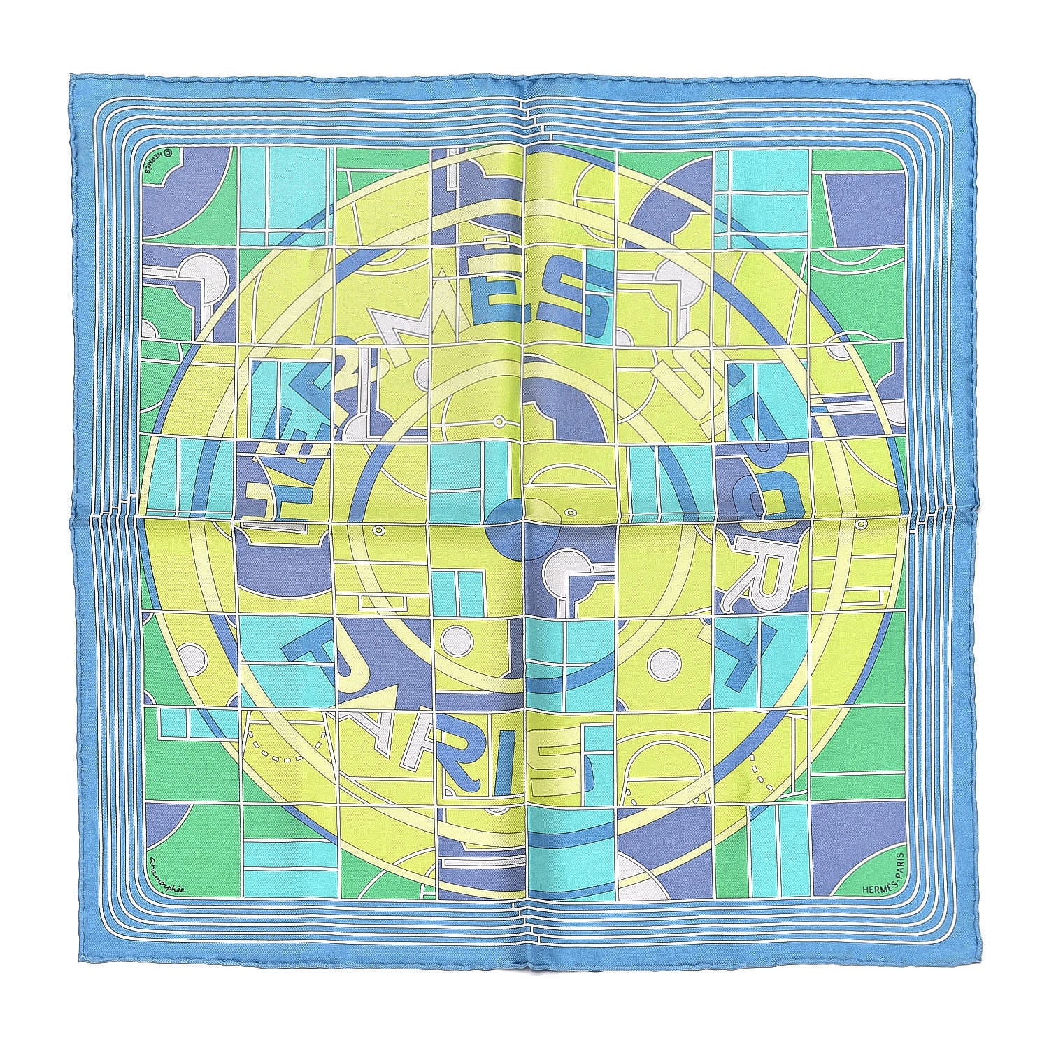 Hermes Silk Sport Pocket Square Bleu Azur Vert Fluo Mauve 1 of 4