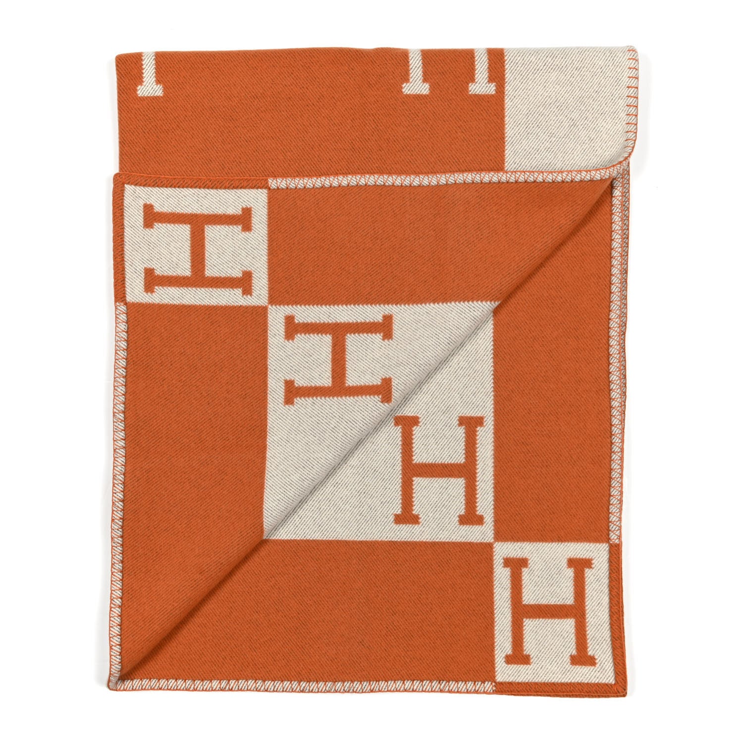Hermes Wool Cashmere Signature Classic Avalon Blanket Ecru Potiron 2 of 3
