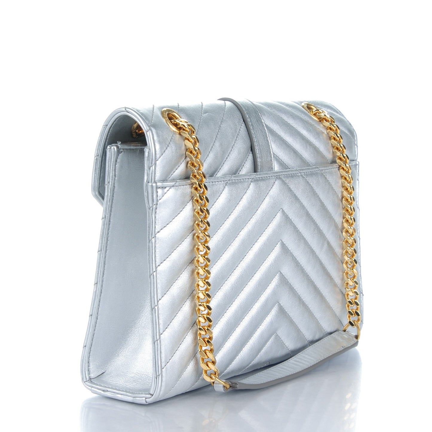 Metallic Sheepskin Matelasse Chevron Medium Monogram Satchel Silver