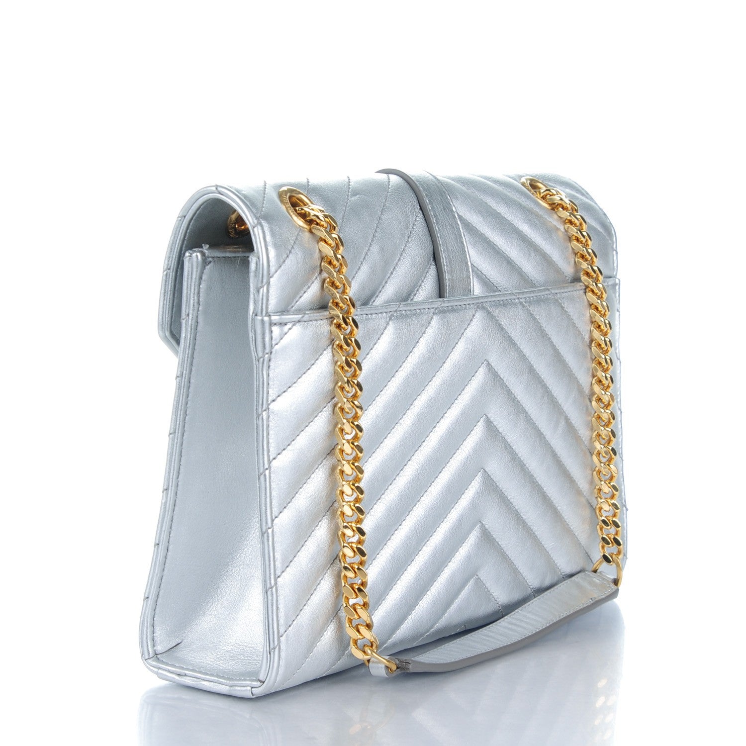 Saint Laurent Metallic Sheepskin Matelasse Chevron Medium Monogram Satchel Silver 3 of 7