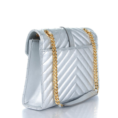 Saint Laurent Metallic Sheepskin Matelasse Chevron Medium Monogram Satchel Silver 3 of 7