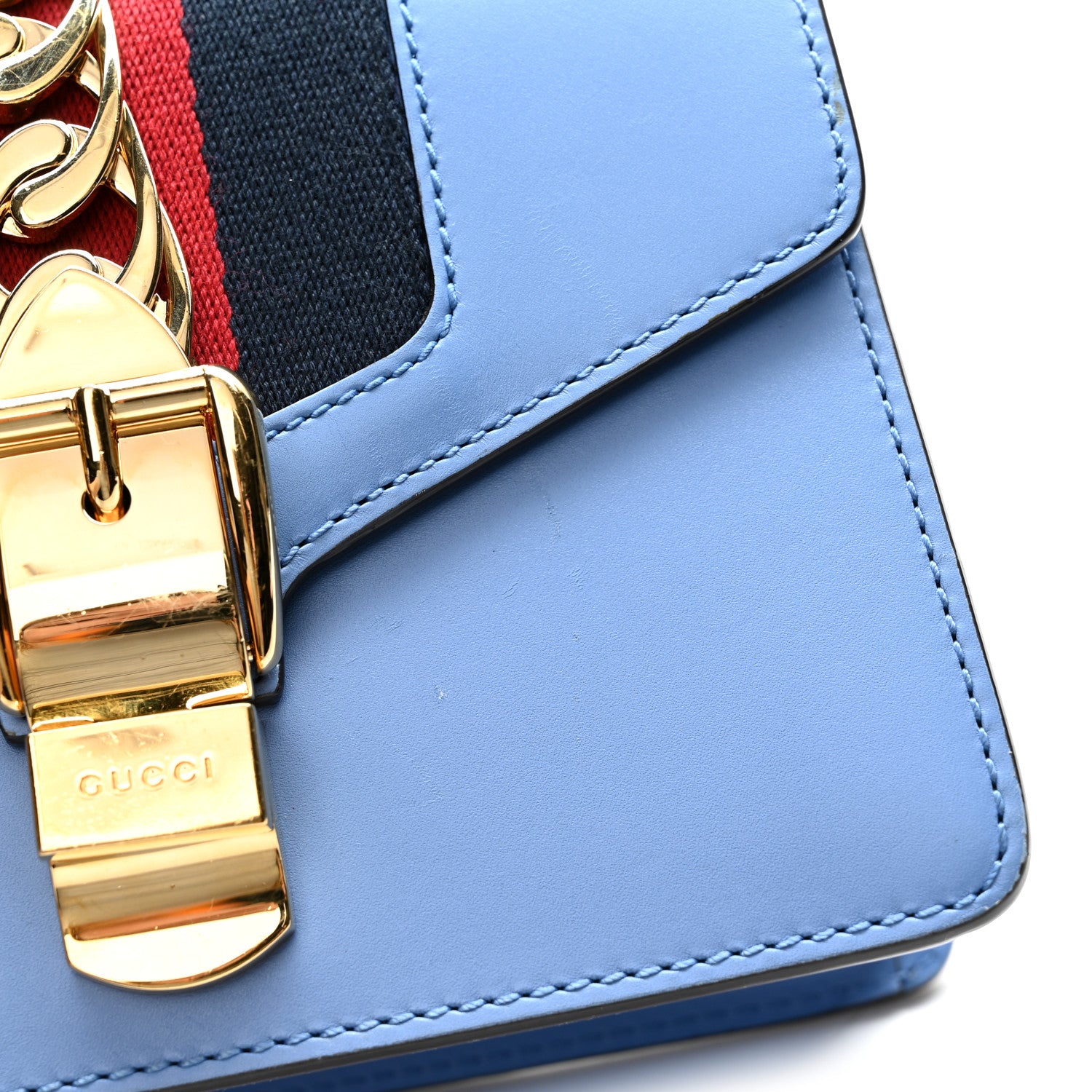 Gucci Calfskin Mini Sylvie Chain Shoulder Bag Clear Sky Blue 15 of 15