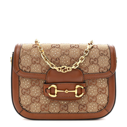 Gucci New Canvas Charisma Calfskin Crystal GG Monogram Mini Horsebit 1955 Shoulder Bag Camel Ebony 1 of 11