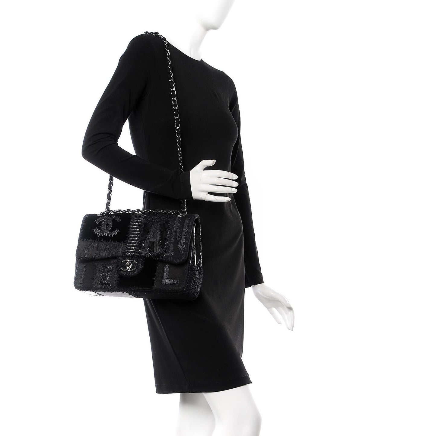 Tweed Patchwork Jumbo Single Flap Black