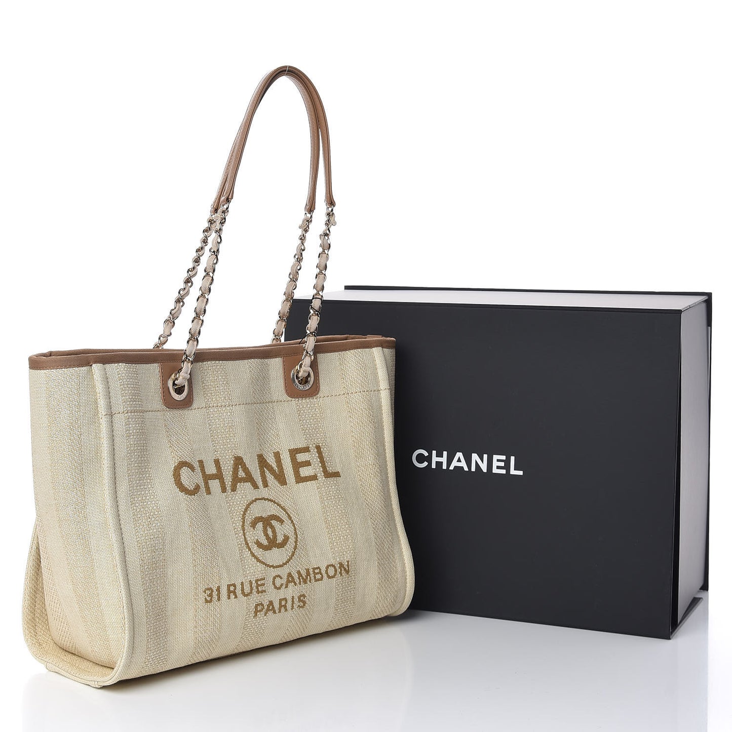 Straw Raffia Calfskin Striped Small Deauville Tote Beige