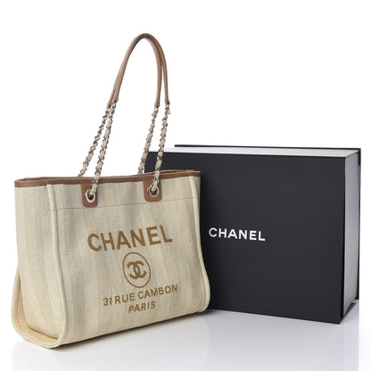 Chanel Straw Raffia Calfskin Striped Small Deauville Tote Beige 11 of 11