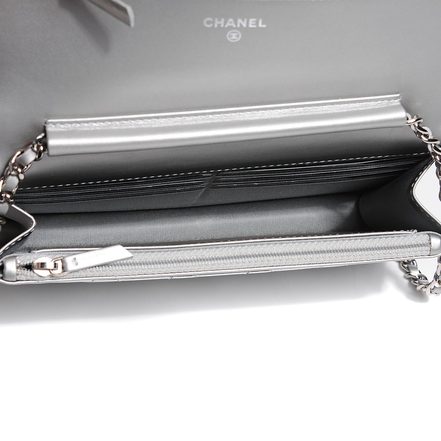 Metallic Patent Calfskin Quilted Boy Wallet on Chain WOC Silver